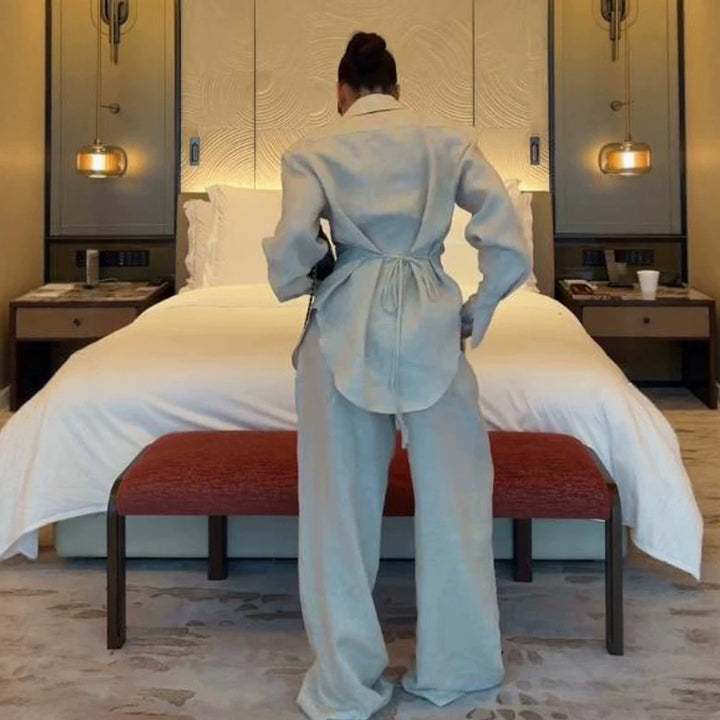 Women's Loose Linen Two-Piece with Boxy Shirt Blazer and Wide Palazzo Pants Amarae