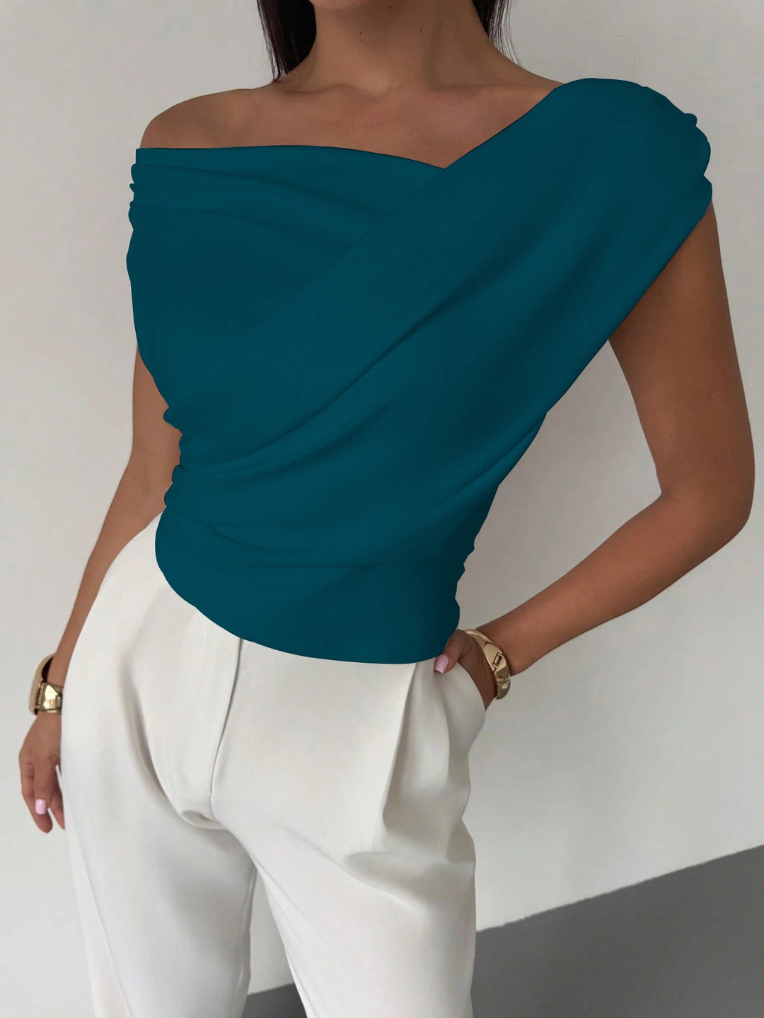 Women Elegant Draped Top with Asymmetric Cut Amarae