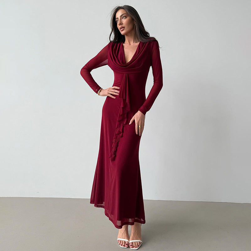Elegant maxi dress for women with deep V-neckline and ruffle detail Lune London