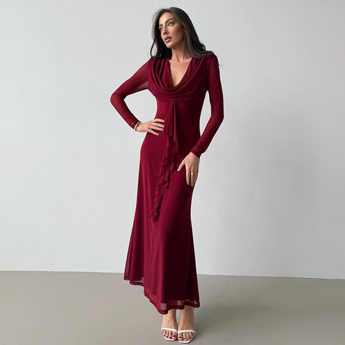 Elegant maxi dress for women with deep V-neckline and ruffle detail Amarae