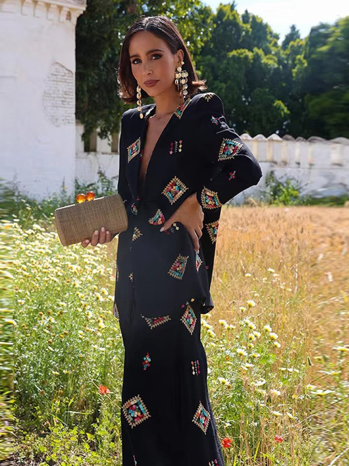 Women's Two-Piece Jacquard Suit with Waist Bow and Wide Leg Amarae