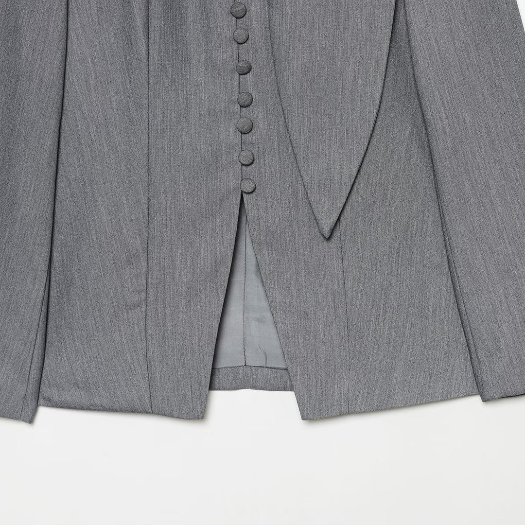 Women's Elegant Longline Blazer with High Funnel Collar and Overlapping Fabric Buttons Amarae
