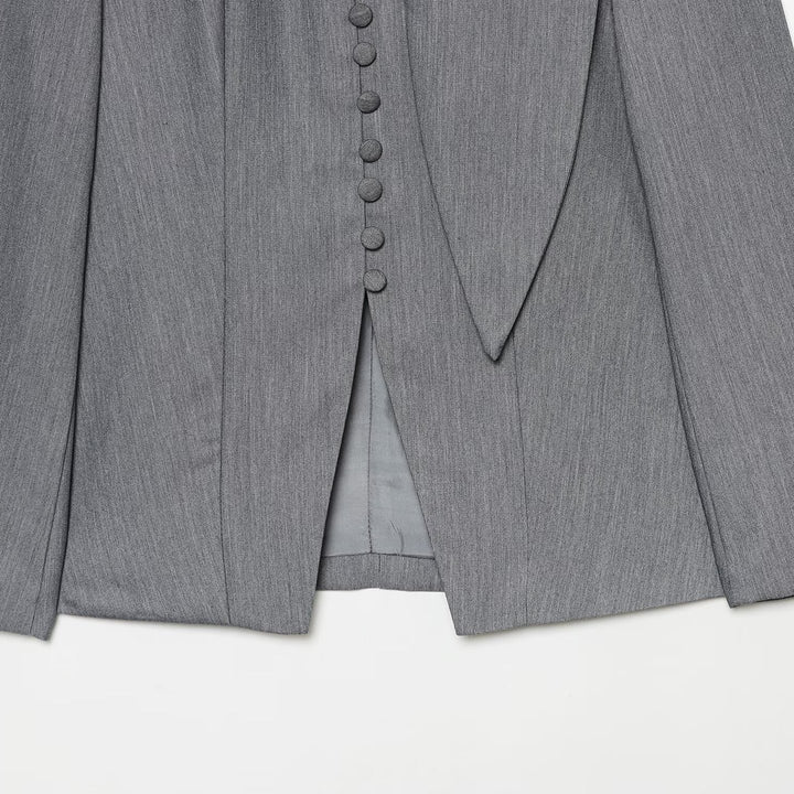 Women's Elegant Longline Blazer with High Funnel Collar and Overlapping Fabric Buttons Amarae
