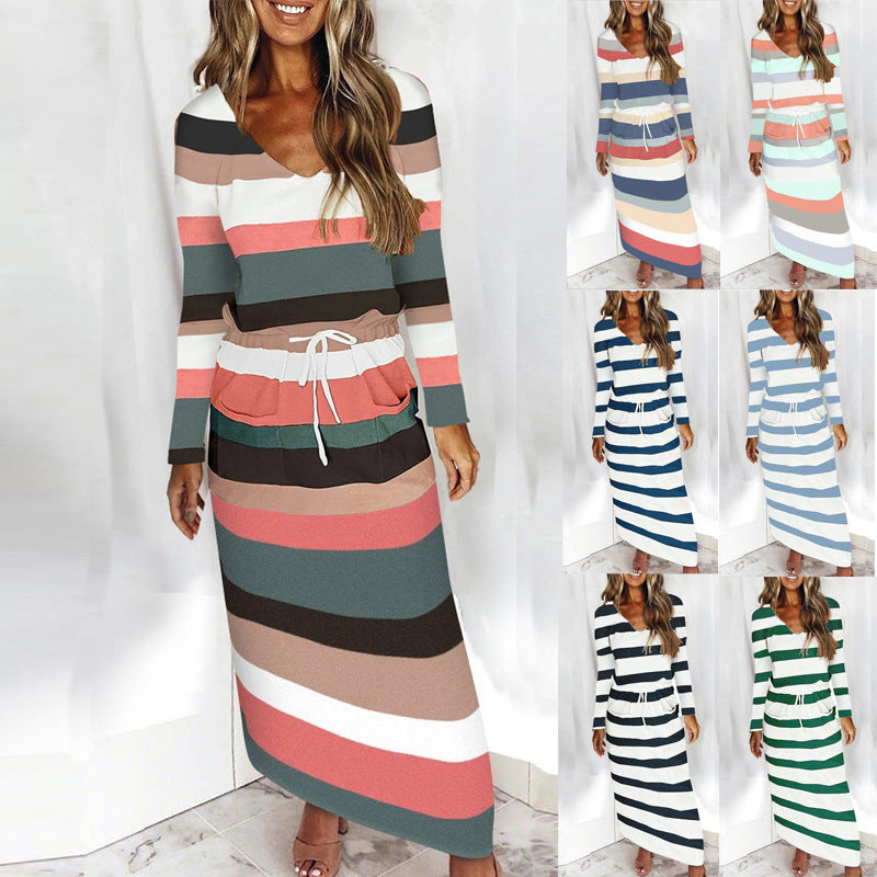 Women's Casual-Elegant Maxi Knit Dress with V-Neck, Drawstring and Side Pockets Amarae
