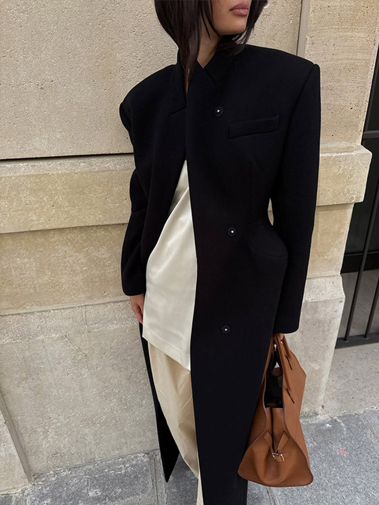 Women's Sculptural Midi Coat with Distinctive Shoulder Design and Concealed Button Placket Amarae
