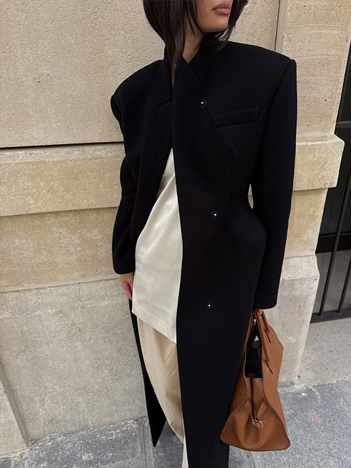 Women's Sculptural Midi Coat with Distinctive Shoulder Design and Concealed Button Placket Amarae