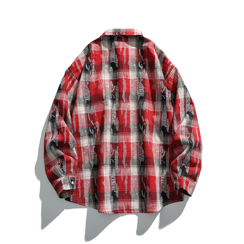 Unisex Oversized Checked Flannel Shirt with Destroyed Details and Chest Pocket Amarae