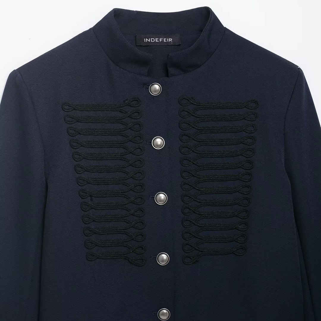 Women Short Military-Inspired Wool Blend Blazer with Stand-Up Collar and Decorative Cord Detail Amarae