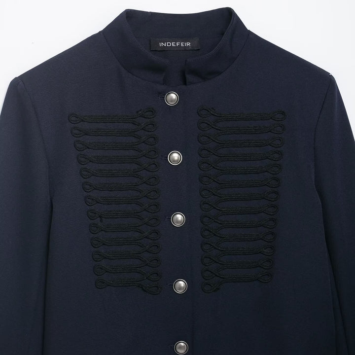 Women Short Military-Inspired Wool Blend Blazer with Stand-Up Collar and Decorative Cord Detail Amarae