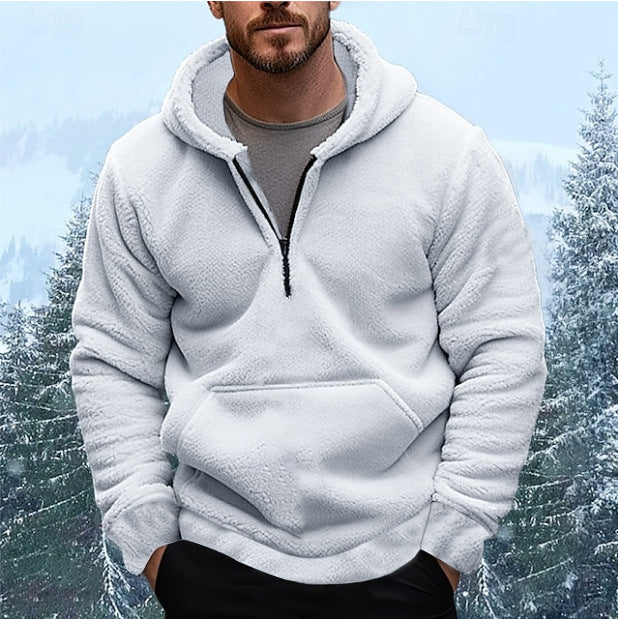 Men's Cozy Fleece Hooded Sweatshirt with Mid-Length Zip Lune London