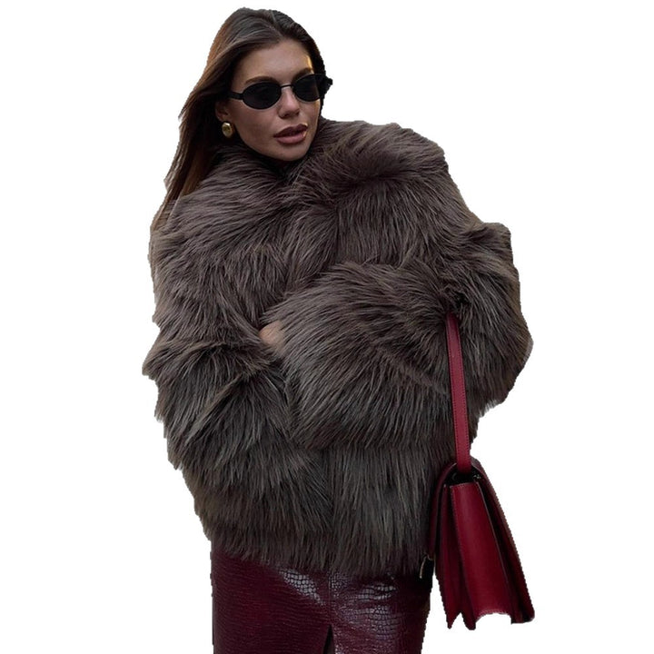 Women's Oversized Short Jacket made of Synthetic Fur in Shaggy Look with Voluminous Shawl Collar Amarae