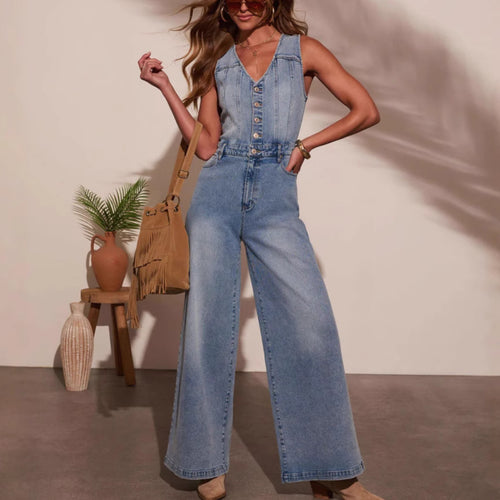 Women's Wide Cut Jeans Jumpsuit with Button Placket and Deep V-Neck