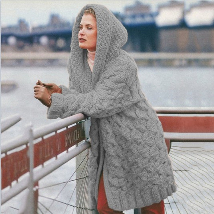 Oversized chunky knit coat for women with hood Lune London