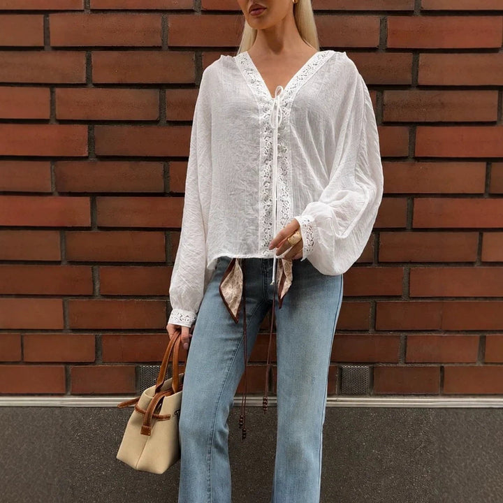 Women's Light V-Neck Lace Blouse with Tie, Pearl Detail & Volume Sleeves Amarae