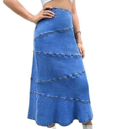 Women's waist-accentuating denim midi skirt with wave-shaped decorative seams and flared hem Amarae