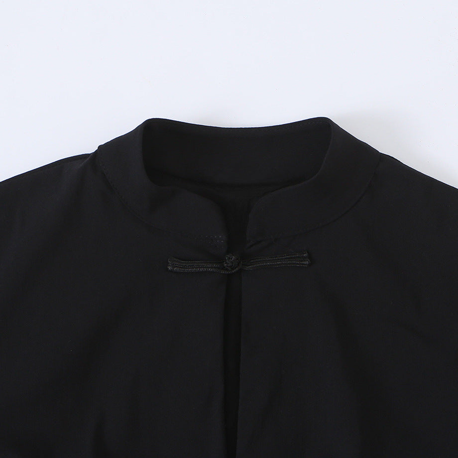 Women’s Mid-Length Coat with Stand Collar, traditional Knot closures and straight cut Amarae