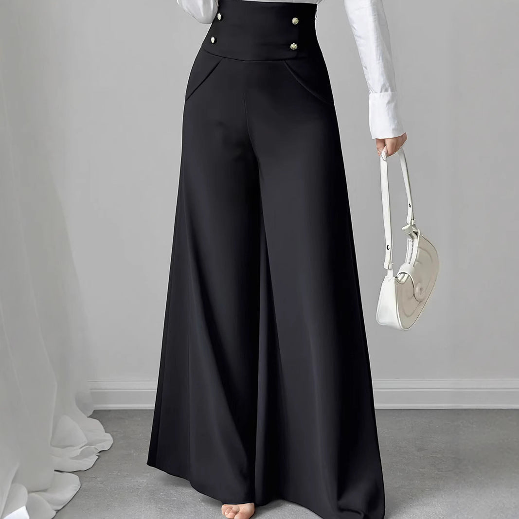High-waisted palazzo pants for women with decorative buttons Lune London