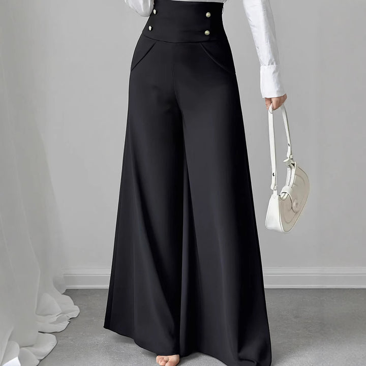 High-waisted palazzo pants for women with decorative buttons Lune London