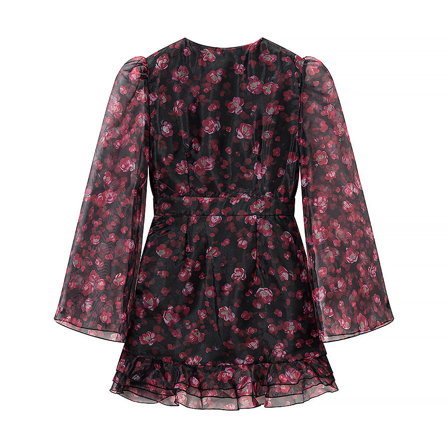 Women Chiffon Mini Dress with Deep V-Neck, Trumpet Sleeves and Ruffle Hem