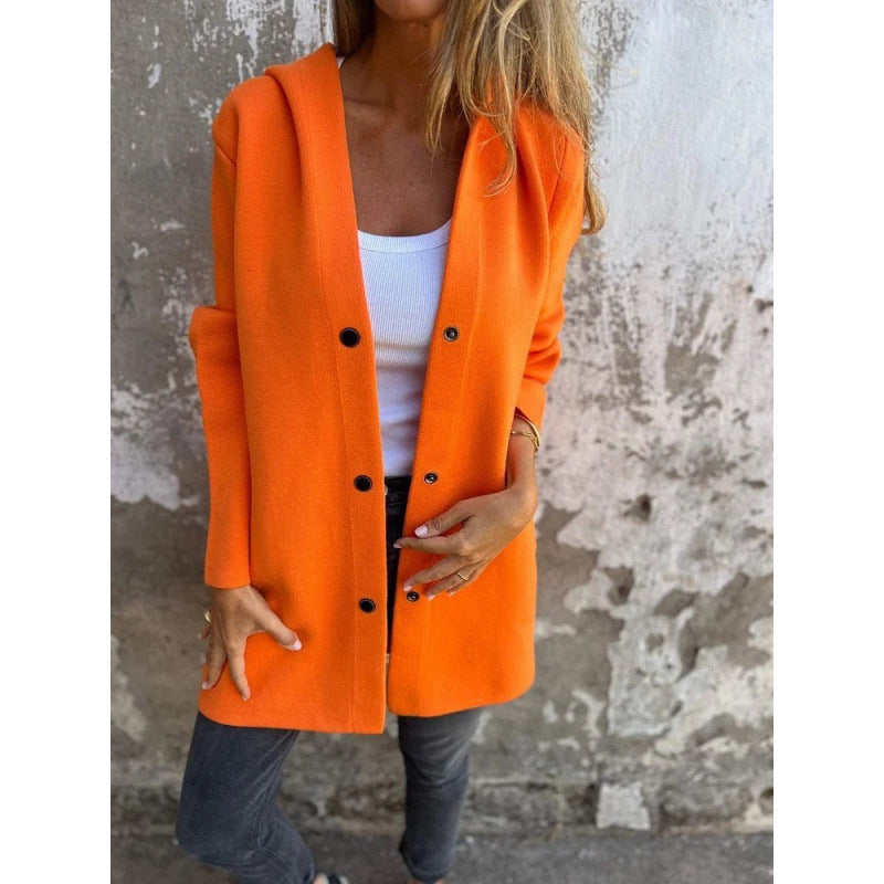 Women's Midi Length Oversized Coat made of Wool Blend with Clear Button Placket and Minimalist Lapels Amarae