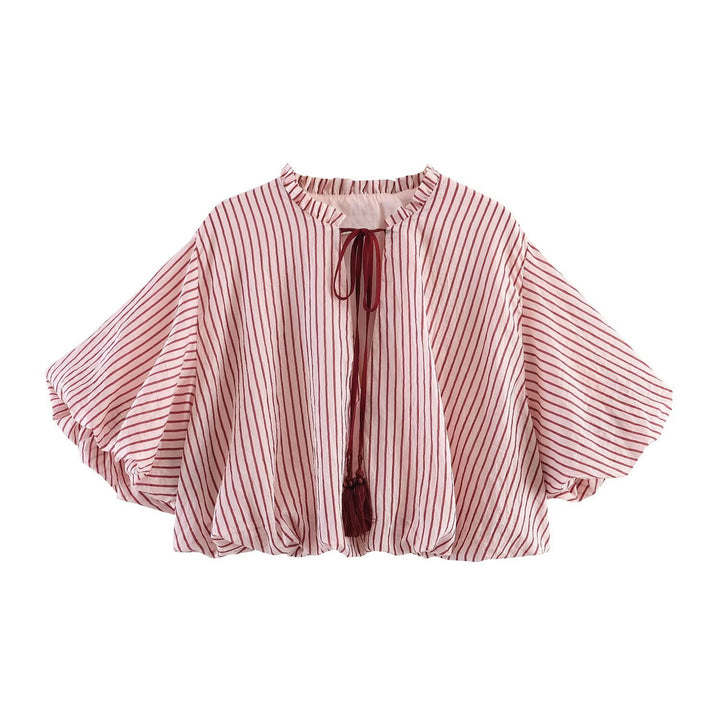 Women's Striped Oversize Blouse with Tassel Band and Volume Sleeves Amarae