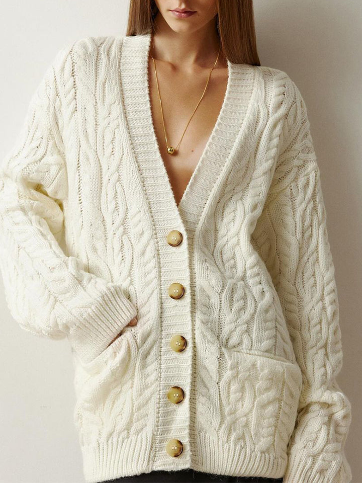 Women Oversize Cable Knit Cardigan with V-Neck and Patch Pockets Amarae