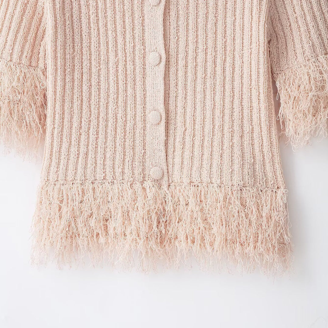 Ladies Boucle Cardigan with Fringe Sleeves and Hidden Button Placket Amarae