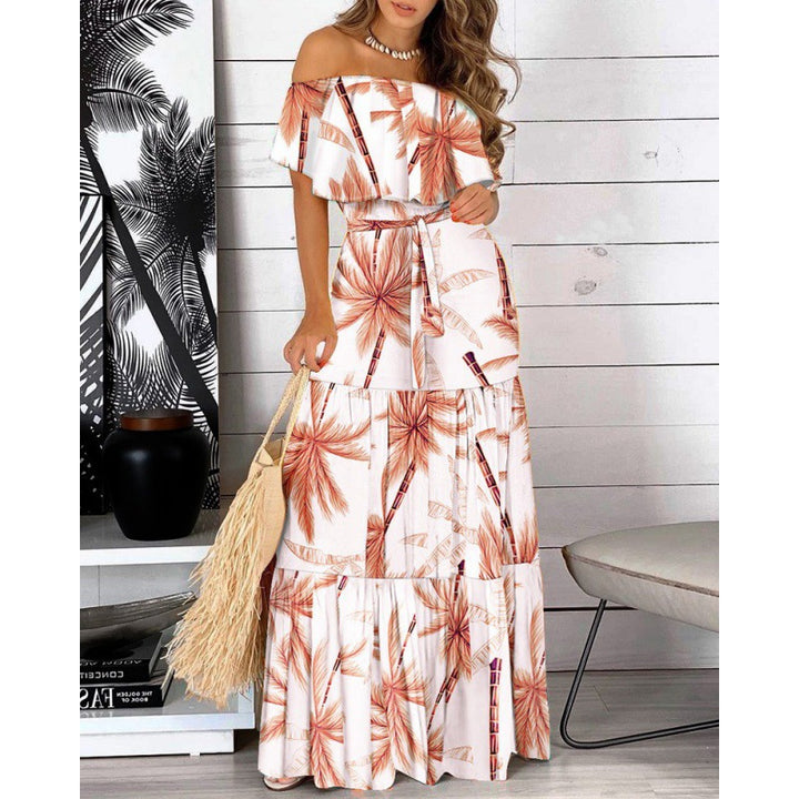 Off-shoulder maxi dress for women with flared hem Lune London