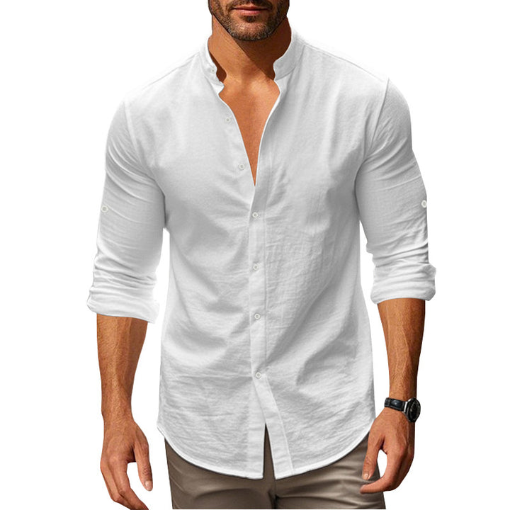 Men's Long Sleeve Shirt with Trendy Stand Collar and Chic Button Details