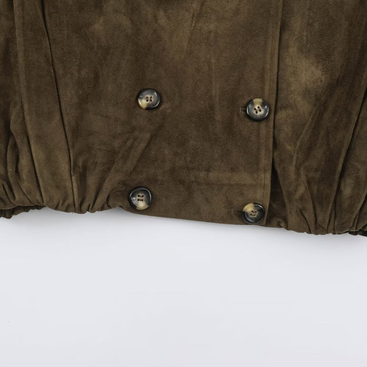 Women's Short-Cut Double-Breasted Suede-Look Bomber with Stand-Up Collar and Shoulder Patches Amarae