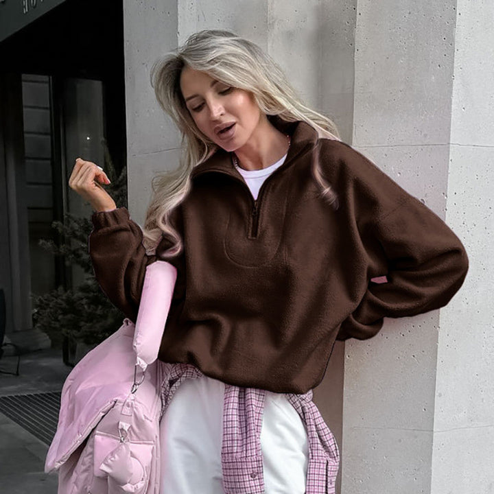 Women’s Oversized Fleece Pullover with Half Zipper and Stand-Up Collar Amarae