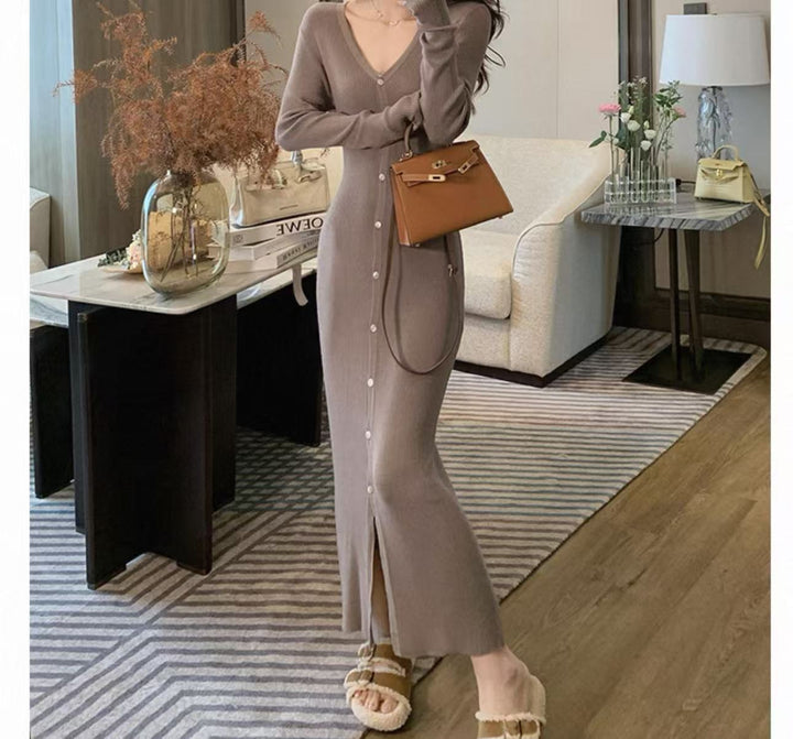 Ladies Elegant Maxi Dress with Button Details and Chic V Neckline and Style