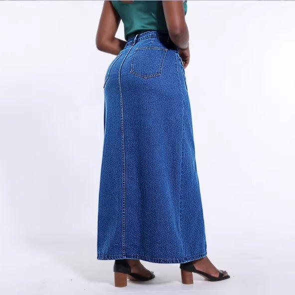 Women's long cut high-waist denim maxi skirt with a continuous button placket and patch pockets Amarae
