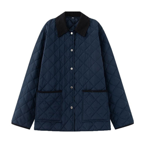 Quilted jacket for women in soft material with contrasting collar and practical pockets Amarae
