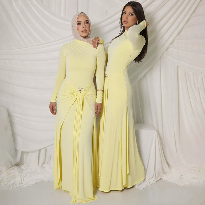 Ladies Elegant Maxi Dress with Draped Details and Chic Long Sleeve