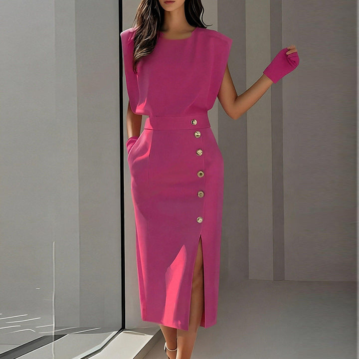 Robe midi élégante pour femmes avec détails de bouton et fente sur le côté Chic & Stil