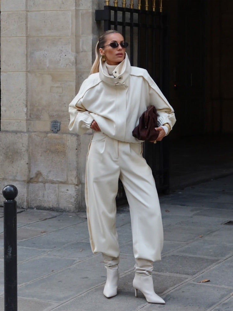 Women's Two-Piece Oversized Jacket and Pleated Pants Set with High Stand Collar Amarae