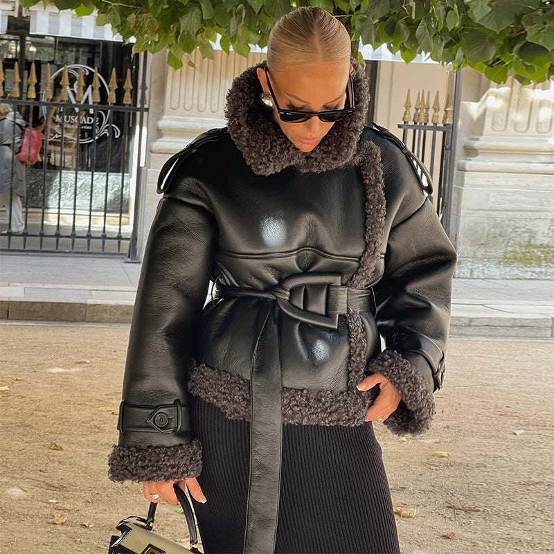 Fashionable vegan leather jacket for women with cozy fur collar and fitted belt Lune London