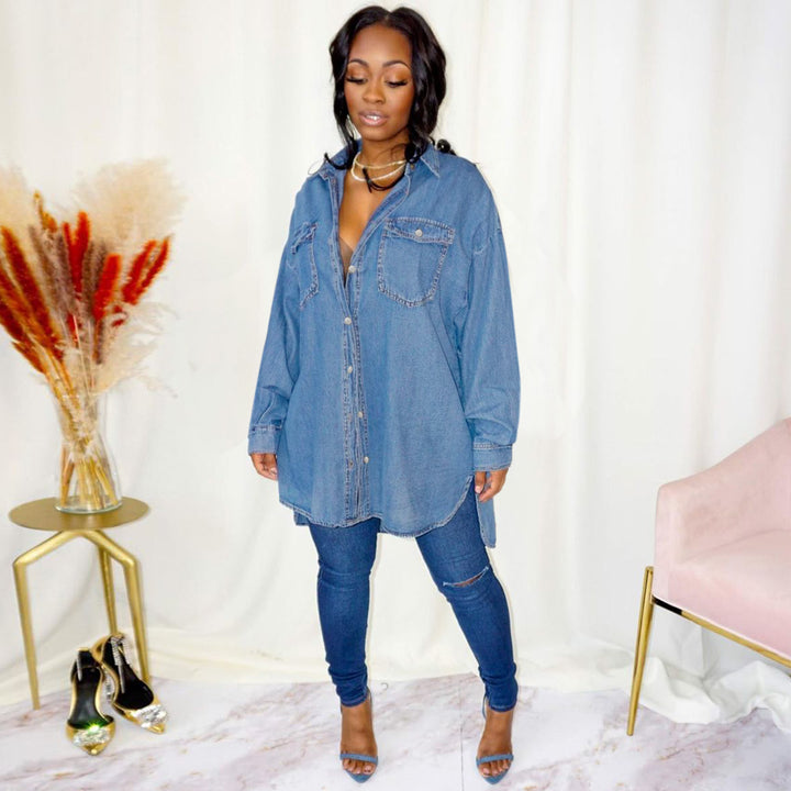 Women's Oversized Denim Shirt Jacket with Flap Pockets and Extended Cut Amarae