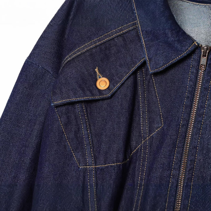 Women's Cropped Denim Jacket with Zipper, Tailored Drawstring and Flap Pockets Amarae