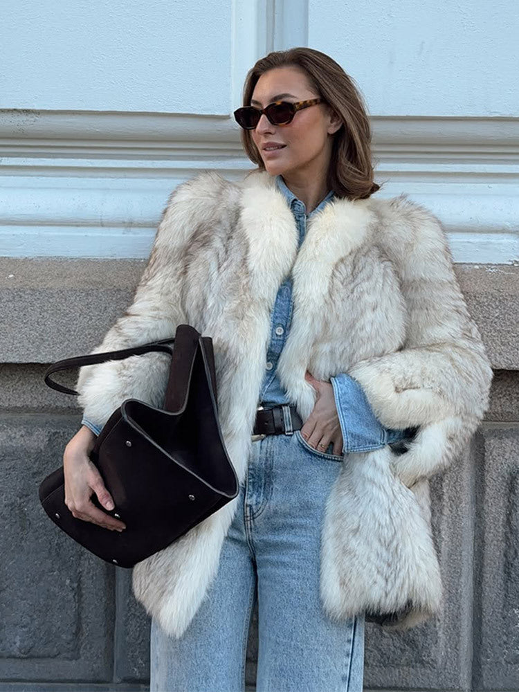 Women's Boxy Faux Fur Jacket with Textured Shag Look and Voluminous Shawl Collar Amarae