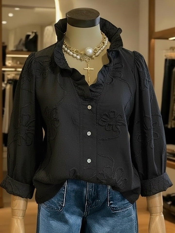 Ladies elegant blouse with floral embroidery and voluminous sleeves Lune London