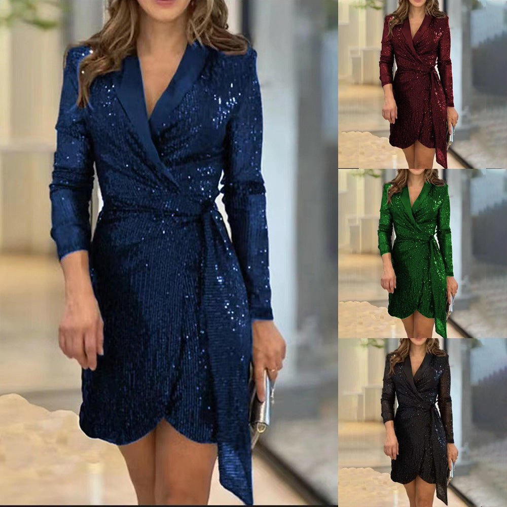 Women Glamorous Sequined Mini Dress with Wrap Design Lune London