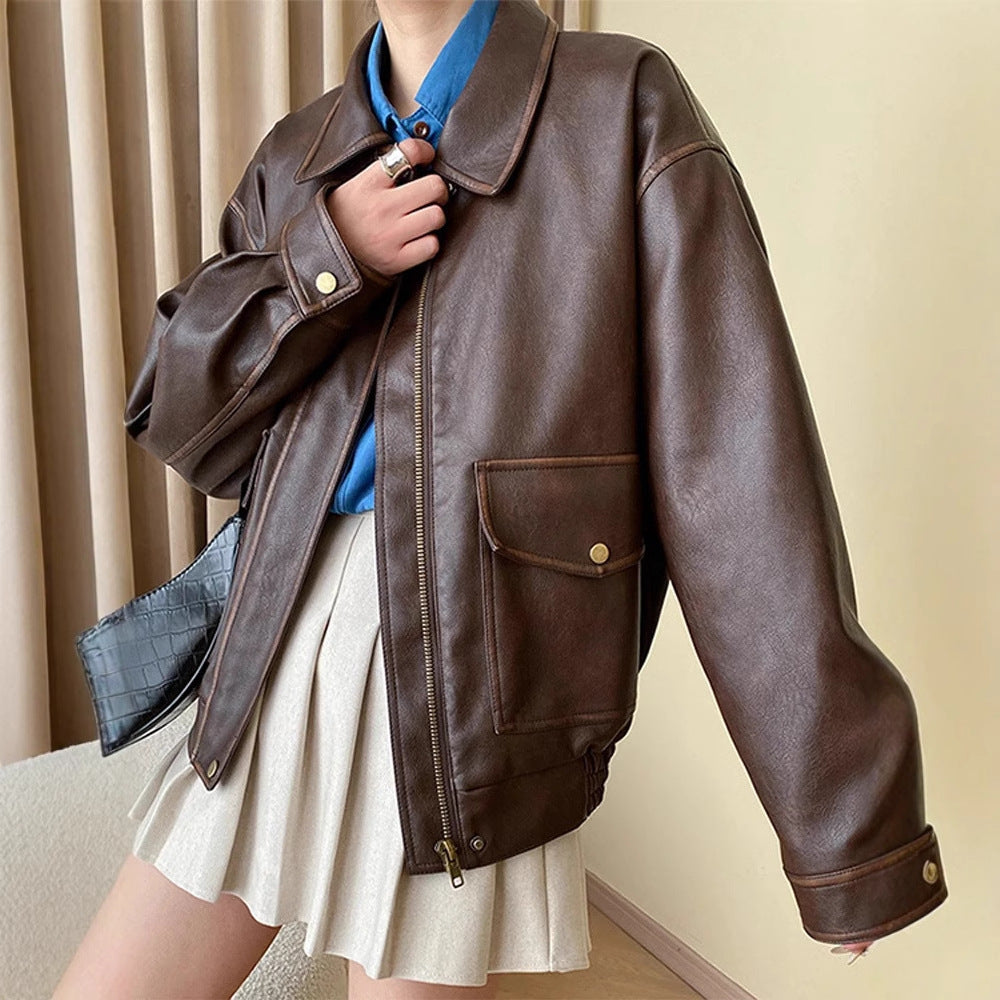 Women's Oversized Faux Leather Bomber Jacket with Shirt Collar, Zipper and Snap Button Cuffs Amarae