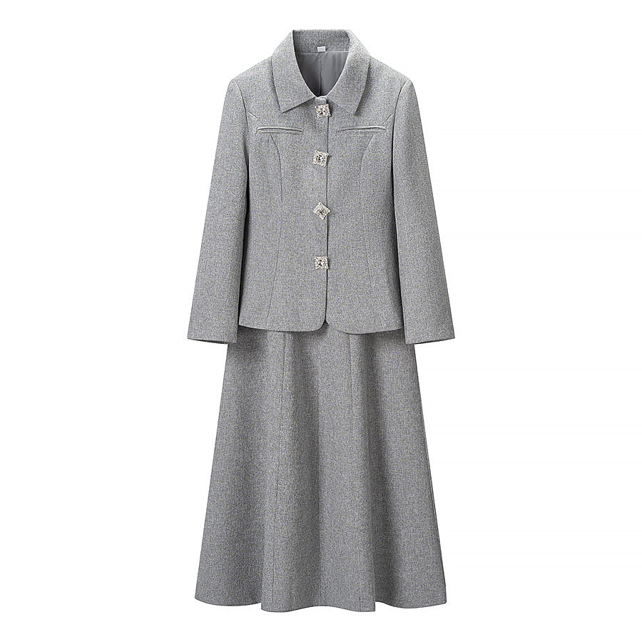 Women's two-piece wool blend suit with fitted short blazer and A-line midi skirt Amarae