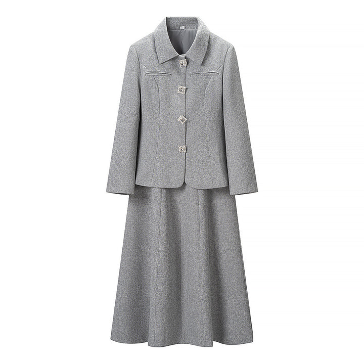 Women's two-piece wool blend suit with fitted short blazer and A-line midi skirt Amarae