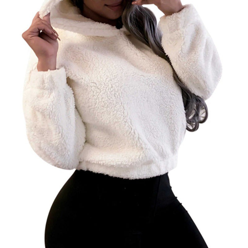 Women's Short Hooded Sherpa Pullover with Kangaroo Pocket and Elastic Hem Amarae