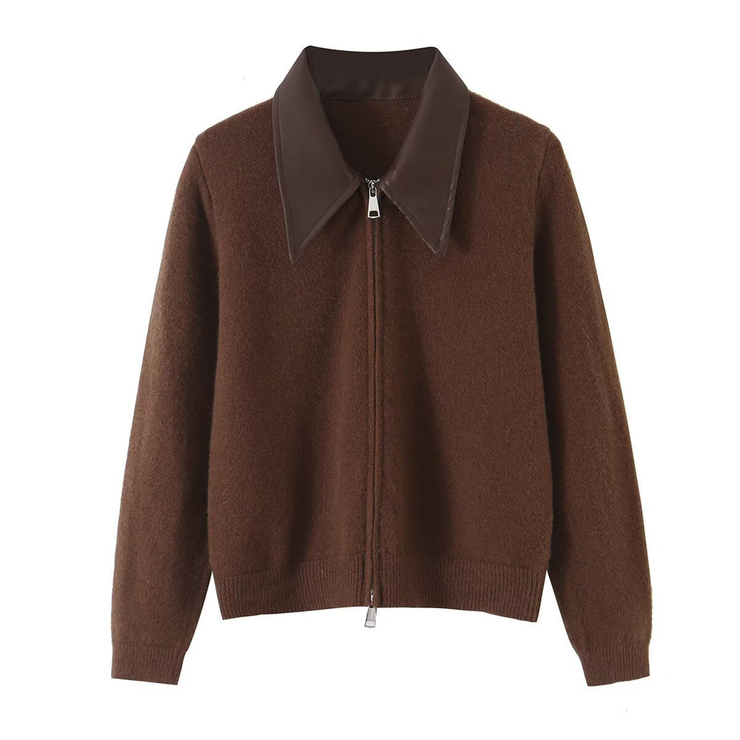 Women Short Wool Blend Cardigan with Zipper and Contrasting Faux Leather Collar Amarae
