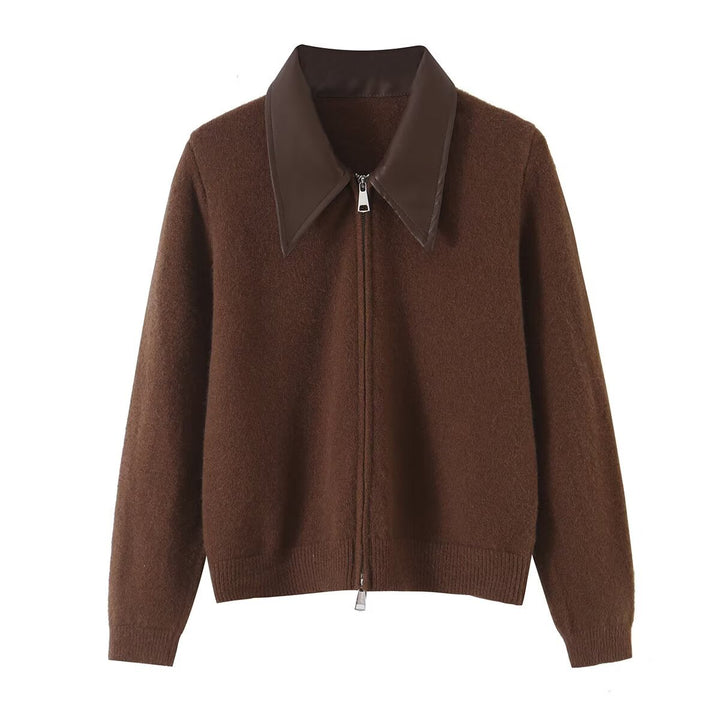 Women Short Wool Blend Cardigan with Zipper and Contrasting Faux Leather Collar Amarae