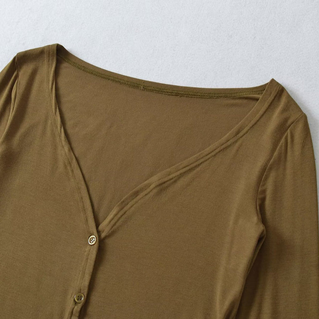 Women's Short Fine Knit Cardigan with Deep V-Neck and Button Front Amarae